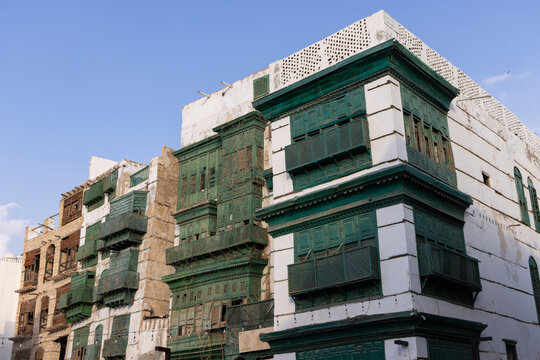 Old town of Jeddah with th historic wooden balconies in the Al Balad district, Saudi Arabia