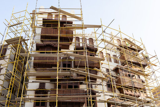 Old town of Jeddah with th historic wooden balconies in the Al Balad district, Saudi Arabia