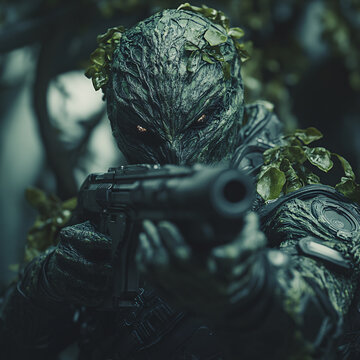 The plantoid grenadier aiming down his sight, ready to blast fury into his target.