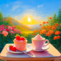 A strawberry cake and strawberry latte on a table in a blooming flower garden.
