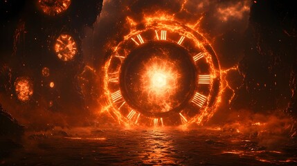 Fototapeta premium A dramatic clock set in flames representing the fiery nature of time and the portal to a new dimension beyond