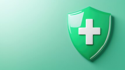 Obraz premium A glossy green shield with a white cross, symbolizing health and safety, set against a soft mint-colored background.