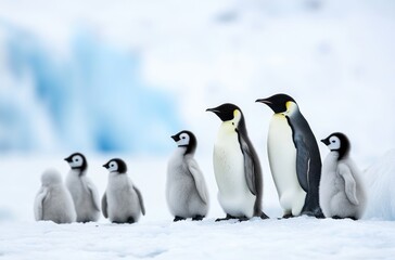 Fototapeta premium A group of emperor penguins and their chicks, all standing in the snow against 