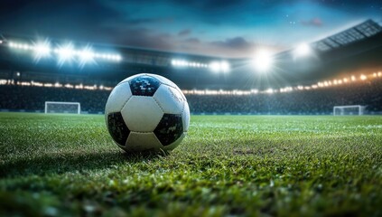 Soccer ball on a stadium field under bright lights