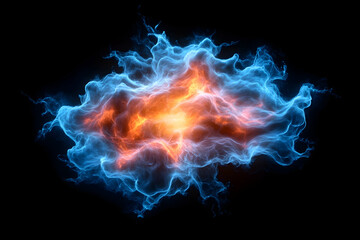 Abstract swirling energy, fiery orange core with cool blue tendrils against black background