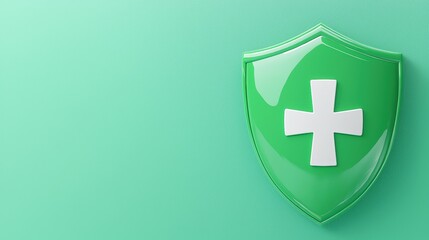 Obraz premium A glossy green medical shield icon with a white cross against a light mint background, symbolizing health and safety.
