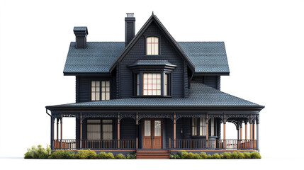 Victorian style house with dark exterior and ornate details