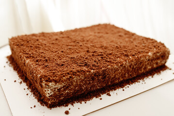 brown chocolate tiramisu dessert lies on white plate, exquisite delicacy, selective focus