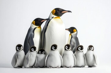 Fototapeta premium A group of emperor penguins and their chicks, all standing in the snow against 