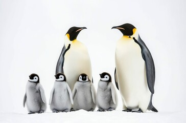 A group of emperor penguins and their chicks, all standing in the snow against 