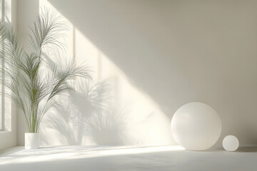 Minimal bright interior with sunlight casting shadows on plants and geometric sphere, symbolizing design balance and purity.