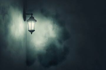 Moody night scene with soft glowing street lamp illuminating fog, symbolizing mystery, solitude, and cinematic atmosphere.