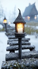 Rustic Wooden Pathway with Snow Covered Lanterns and Cozy Cabin at Night