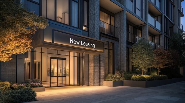 Modern high-end condominium exterior at twilight featuring a 'Now Leasing' sign
