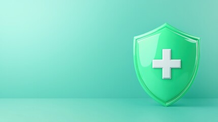 Obraz premium A glossy green shield with a white cross, set against a soft mint background, symbolizes health and protection.