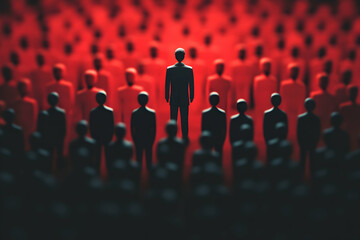 Silhouette of a lone black figure among red figures symbolizing leadership, strength, confidence, and individuality.