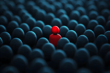 A single red figure stands out within a dense crowd of blue spheres representing individuality, creativity, and courage.