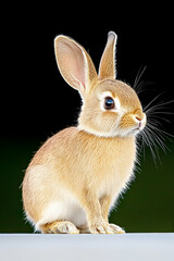 Fototapeta premium Adorable light brown bunny rabbit sitting on white surface against dark background
