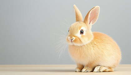 Obraz premium Adorable light brown bunny rabbit sitting on light wood surface against a gray background
