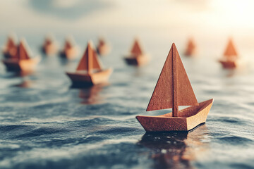 Small wooden sailboats floating on calm sunlit waves create a dreamy nautical scene symbolizing adventure and freedom.