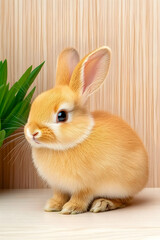 Obraz premium Adorable orange bunny sitting near green plant on wooden shelf