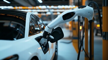 An AI powered intelligent vehicle charging station with robotic arms performing maintenance and energy optimization, Smart energy style, photo of