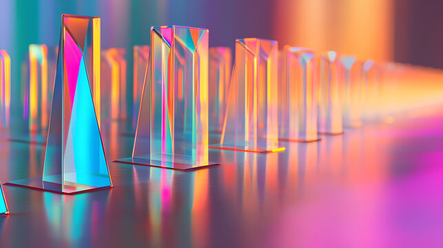 Abstract 3d background wallpaper with row of glass holographic transparent triangle plate shapes render. Dynamic tech banner with layers effect. Iridescent gradient wave line pattern - Powered by Adobe