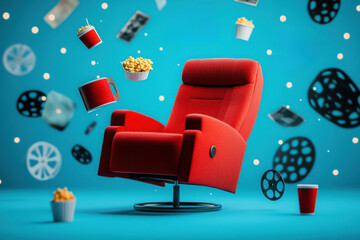 A vibrant red recliner chair surrounded by popcorn, movie tickets, and film reels floats on a bright blue background for a fun cinematic vibe