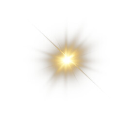 Obraz premium Shining gold star light with sparkle effect. Glowing yellow light, magic star sparks, and lens flare on a transparent background. Perfect for highlights and special effects. Vector illustration.