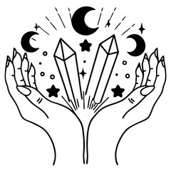 Celestial Hands Holding Crystals and Stars