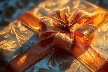 Elegant close-up of luxury gift box decorated with shining golden ribbon and warm light for festive celebrations.