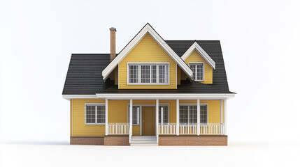 Yellow house with black roof and white trim on white background