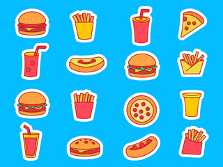 Fun Fast Food Icon Set with Burgers, Pizza, Fries and Drinks