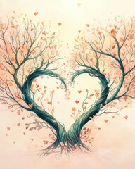 engraved wood tree, an old tree that forms a symbol of love, isolated on black background.