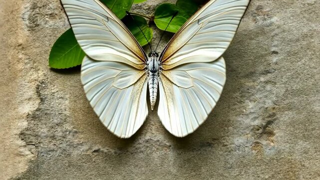 White butterfly resting on a textured stone surface in a lush garden setting during daylight hours