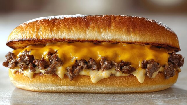 Philly Cheesesteak sandwich with finely chopped beef, melted cheddar cheese, and a creamy white sauce on a shiny, fresh long sandwich bun,