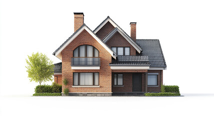 Brick house with gabled roof and chimneys on white background