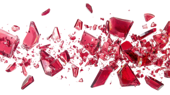 Shattered Red Glass Pieces with Sharp Edges Isolated on White Background for Artistic and Destructive Concept