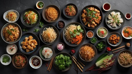 High-angle, full shot of various Asian dishes arranged on a dark gray stone surface.