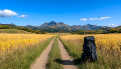 Backpack sits on a dirt road leading to autumnal mountains