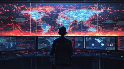 Cybersecurity expert analyzing global data on monitors inside a war room setting