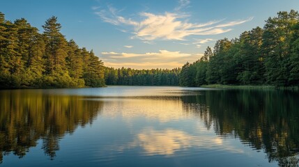 Obraz premium Serene forest lake at sunset with reflective trees and vibrant sky