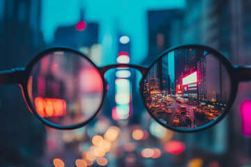 Round glasses bring a neon city street into sharp focus against bokeh blur, creating a striking vision and clarity metaphor with urban night vibes.