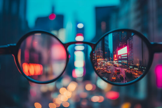 Round glasses bring a neon city street into sharp focus against bokeh blur, creating a striking vision and clarity metaphor with urban night vibes.