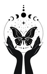 Mystical Moon Phases and sacred butterfly in hands of fortune teller. Magic celestial clipart of yoga, spa, beauty salon, cosmetics, relax, brand style, tattoo. Logo Isolated on white background