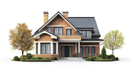 Brick house with gabled roof and trees on white background