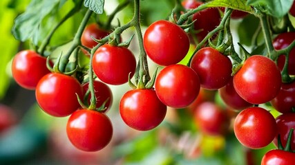 Freshly ripened cherry tomatoes hanging on the vine in a vibrant garden during summer