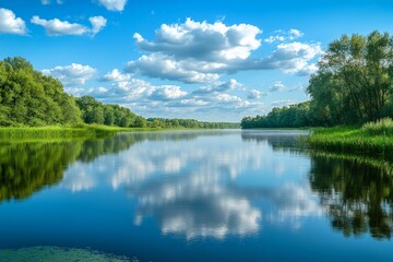 Serene river landscape with lush greenery and dramatic cloudy sky reflection