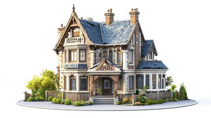 Victorian style house with ornate details and lush garden on white background
