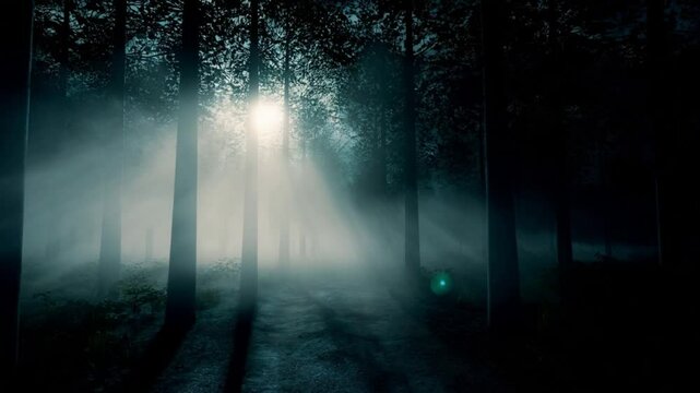  forrest with moving fog piercing moon beams pass through the branches.  dramatic. cinematic